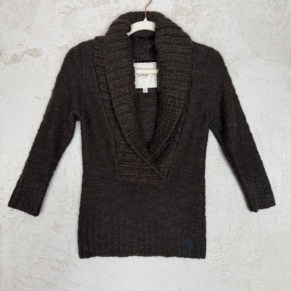 Abercrombie & Fitch Y2K XS Brown Wool Blend Shawl Collar Chunky Knit Sweater - Picture 1 of 6